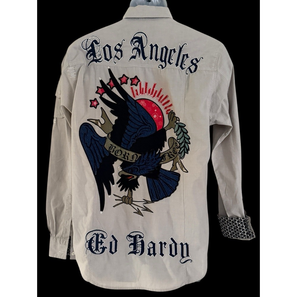 Ed Hardy Archive Y2K Eagle‎ Graphic Button Up Shirt Skull S Los Angeles Tattoo